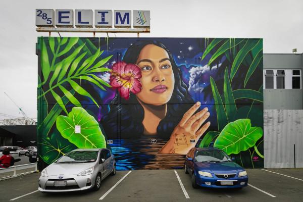 Kophie Su’a-Hulsbosch's mural on the Elim Church in Cashel Street.